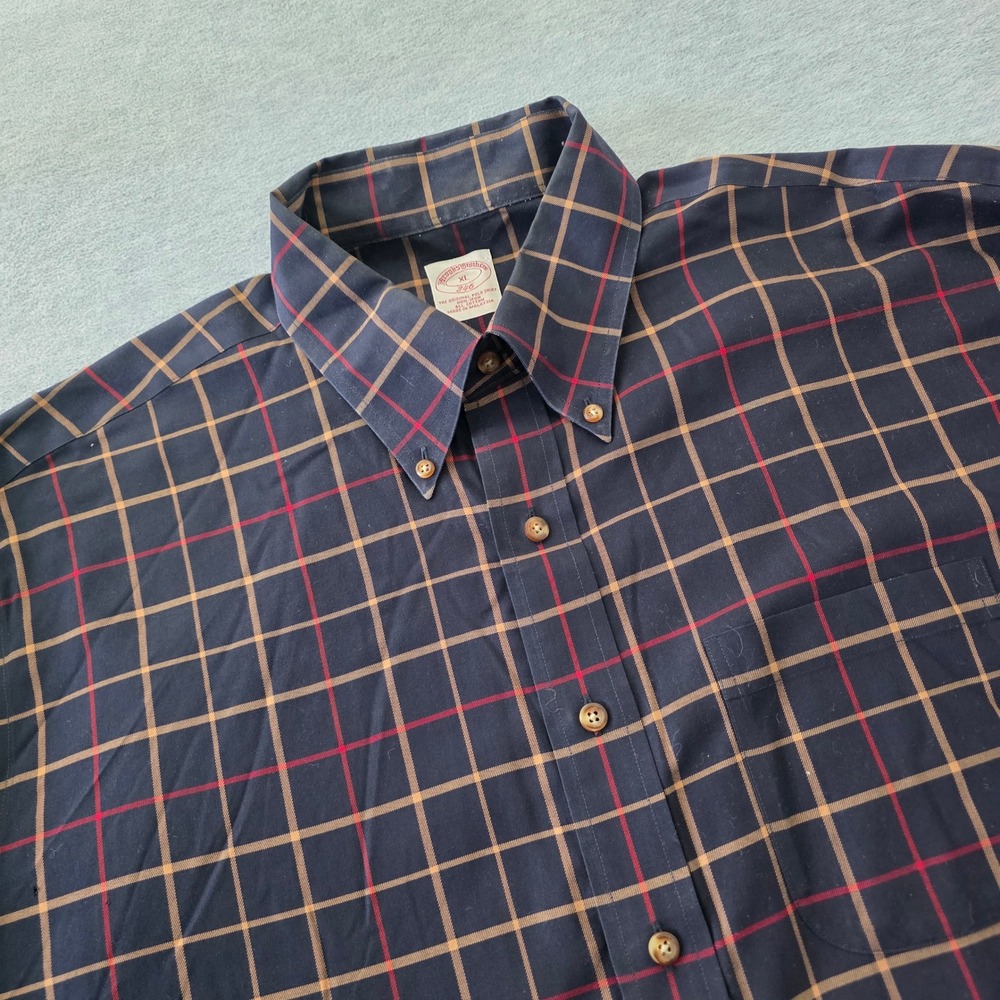 Brooks Brothers 346 Mens XL Navy Blue Tan Red Grid Check Non-Iron Cotton Shirt